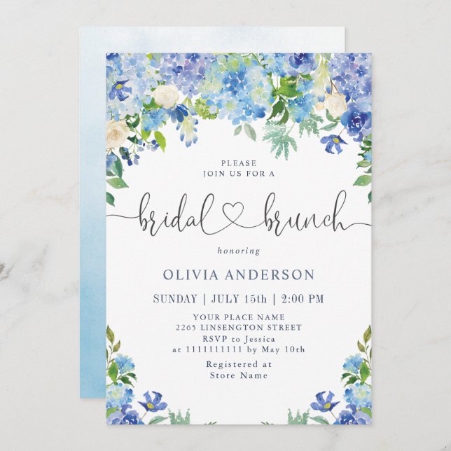 Blue Hydrangea Greenera Watercolor Bridal Brunch Einladung (Vorne/Hinten)