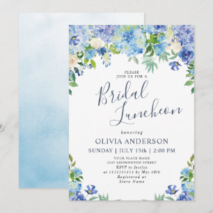 Blue Hydrangea Greenera Watercolor Bridal Luncheon Einladung