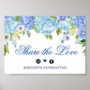 Blue Hydrangea Greenera Wedding Hashtag Sign Poster