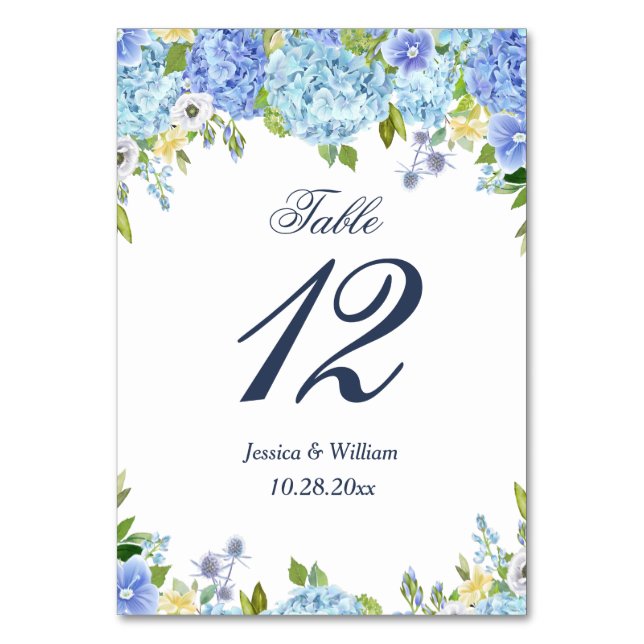 Blue Hydrangea Greeneria Wedding Tischnummer (Vorderseite)