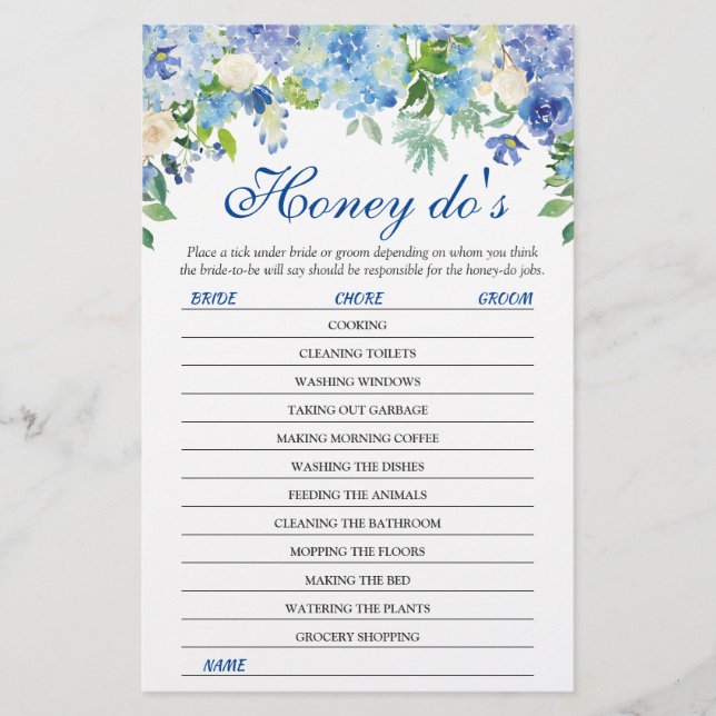 Blue Hydrangea Greenerity Brautparty Game (Vorderseite)