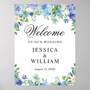 Blue Hydrangea Greenery Chic Wedding Willkommen Poster