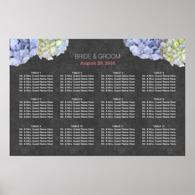 Blue Hydrangea Hochzeitsdiagramm Poster (Vorne)