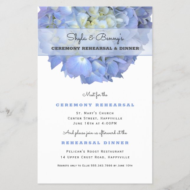 Blue Hydrangea Hochzeitsdinner Probe Einladung Flyer (Vorne)