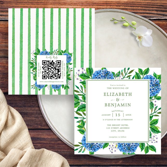 Blue Hydrangea Hochzeitseinladung mit QR-Code Einladung (Front / Back)