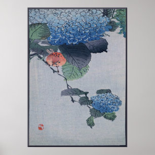 Blue Hydrangea Japanischer Holzschnitt mit Bird Poster