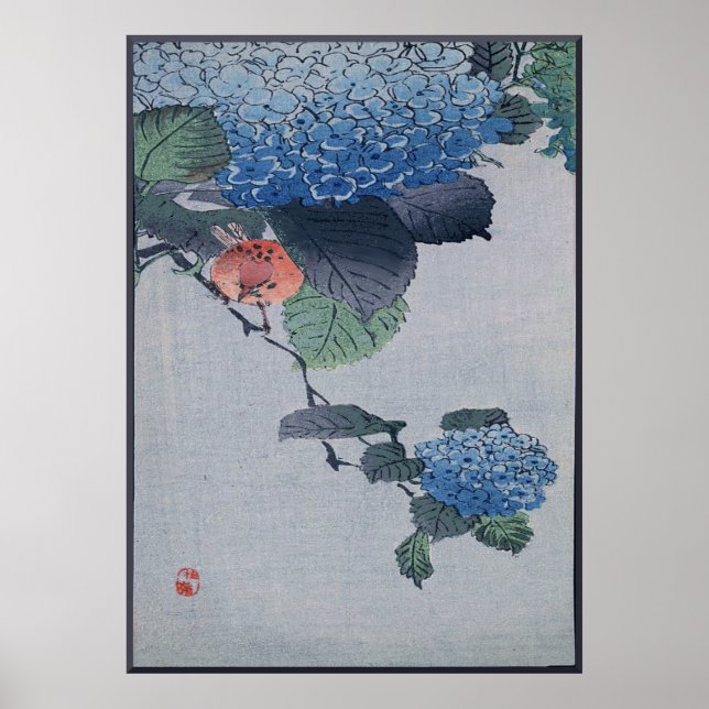 Blue Hydrangea Japanischer Holzschnitt mit Bird Poster (Vorne)
