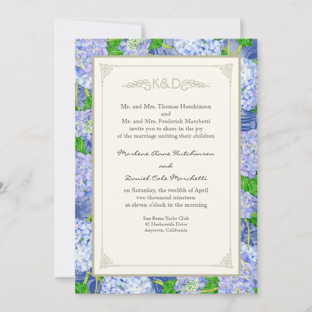 Blue Hydrangea Lace Floral Formal Elegante Hochzei Einladung (Vorderseite)