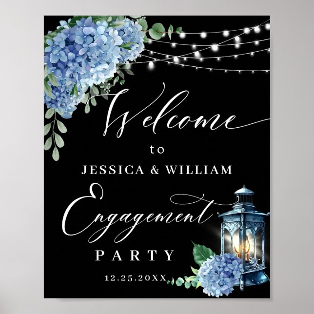 Blue Hydrangea Lantern Black Boho ENGAGEMENT PARTE Poster (Vorne)