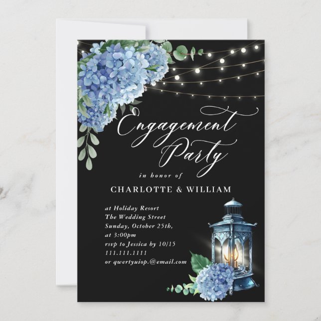 Blue Hydrangea Lantern Black Boho Engagement Party Einladung (Vorderseite)