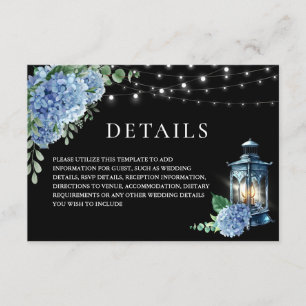 Blue Hydrangea Lantern Black Boho Hochzeitsdetails Begleitkarte