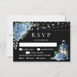 Blue Hydrangea Lantern Black Boho Wedding RSVP Karte