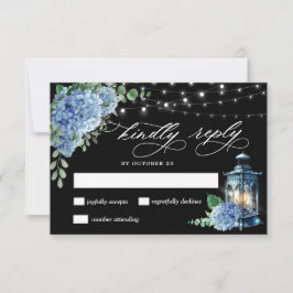 Blue Hydrangea Lantern Black Boho Wedding RSVP Karte