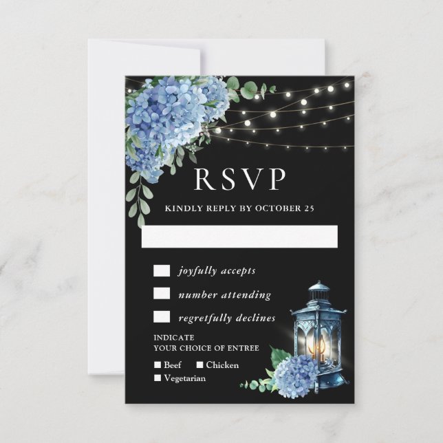 Blue Hydrangea Lantern Black Boho Wedding RSVP Karte (Vorderseite)