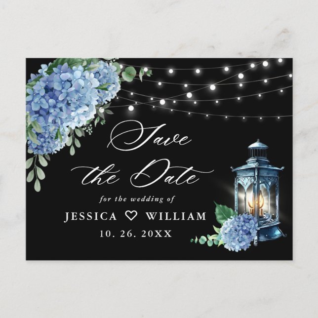 Blue Hydrangea Lantern Black Wedding Save the Date Postkarte (Vorderseite)