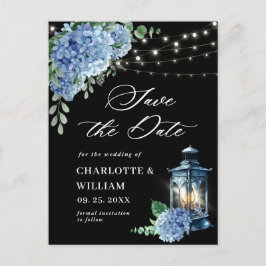 Blue Hydrangea Lantern Black Wedding Save the Date Postkarte