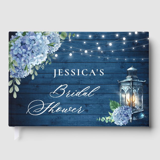 Blue Hydrangea Lantern Navy Wood Brautparty Gästebuch (Vorderseite)