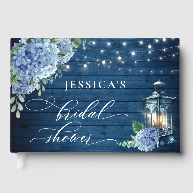 Blue Hydrangea Lantern Navy Wood Brautparty Gästebuch (Vorderseite)