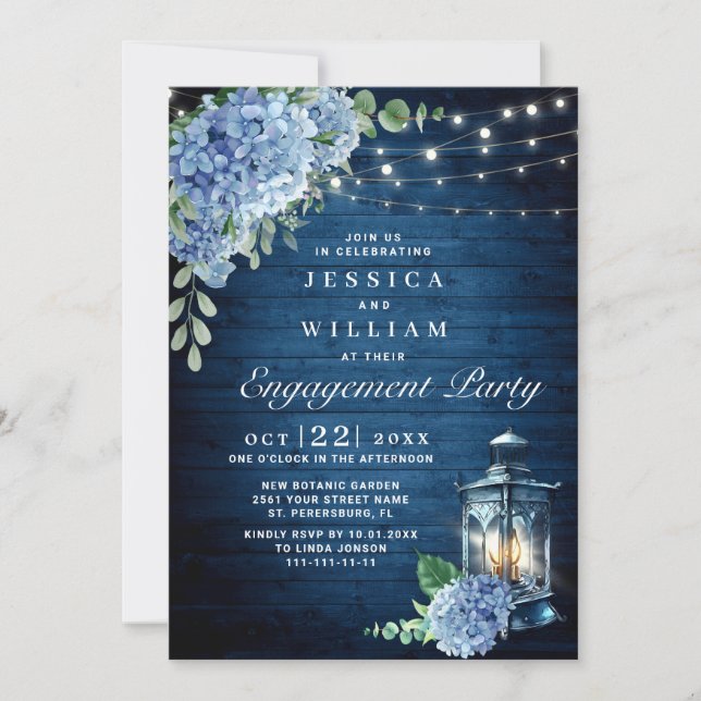 Blue Hydrangea Lantern Navy Wood Engagement Party Einladung (Vorderseite)