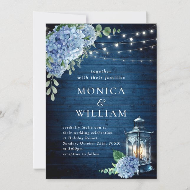 Blue Hydrangea Lantern Navy Wood Wedding Einladung (Vorderseite)