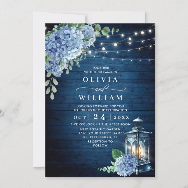 Blue Hydrangea Lantern Navy Wood Wedding Einladung (Vorderseite)
