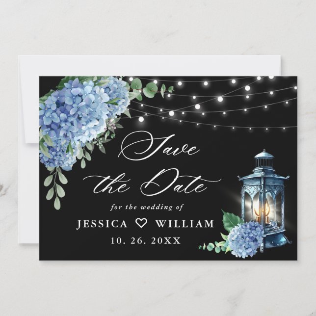Blue Hydrangea Lantern Schwarzer Hintergrund Hochz Save The Date (Vorderseite)
