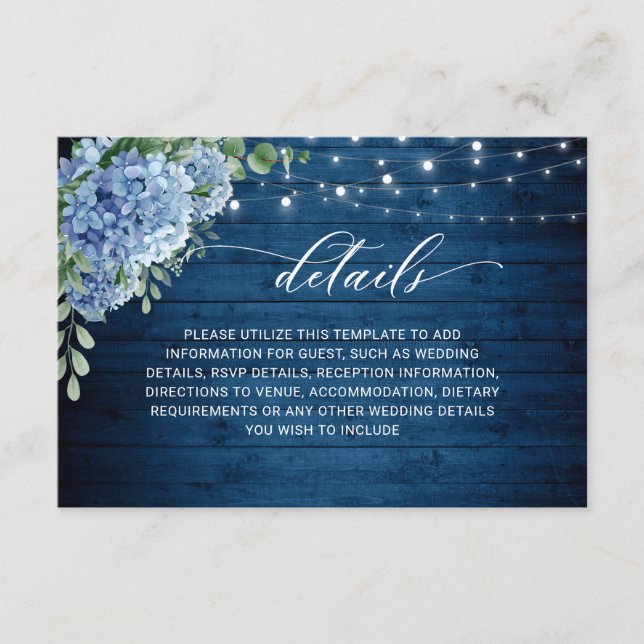 Blue Hydrangea Lantern Wood Wedding Details Begleitkarte (Vorderseite)
