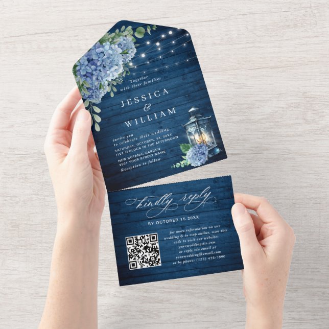 Blue Hydrangea Lantern Wood Wedding QR Code All In One Einladung (Abreißen)