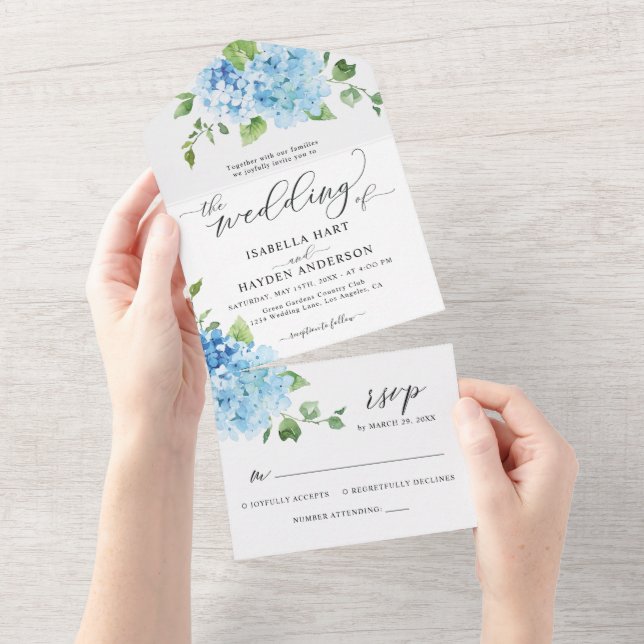 Blue Hydrangea Light Floral Botanical Wedding All In One Einladung (Abreißen)