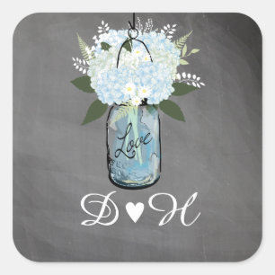 Blue Hydrangea Mason Jar Chalkboard Hochzeit Quadratischer Aufkleber