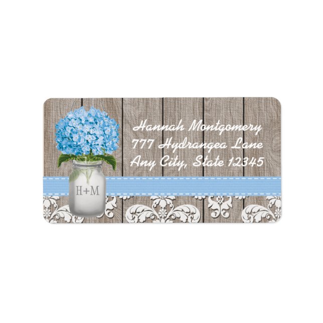 Blue Hydrangea Mit Monogramm Mason Jar Adressaufkleber (Vorne)