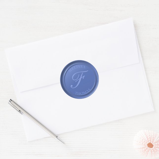 Blue Hydrangea Monogram Name Imitats Wax Siegel Br Runder Aufkleber (Umschlag)