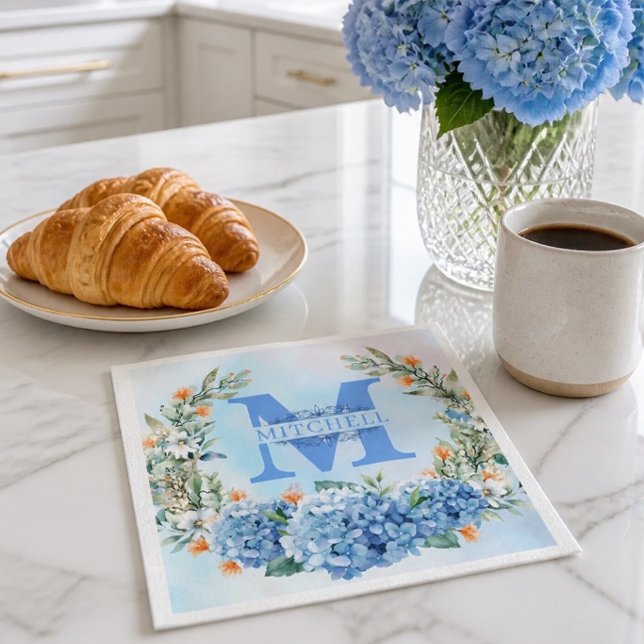 Blue Hydrangea Monogram Paper Napkin Serviette (Von Creator hochgeladen)