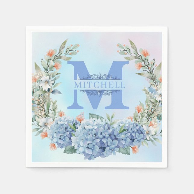Blue Hydrangea Monogram Paper Napkin Serviette (Vorderseite)
