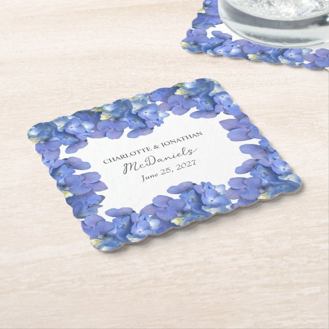 Blue Hydrangea Petals Hochzeit Personalisierter Na Untersetzer (angewinkelt)