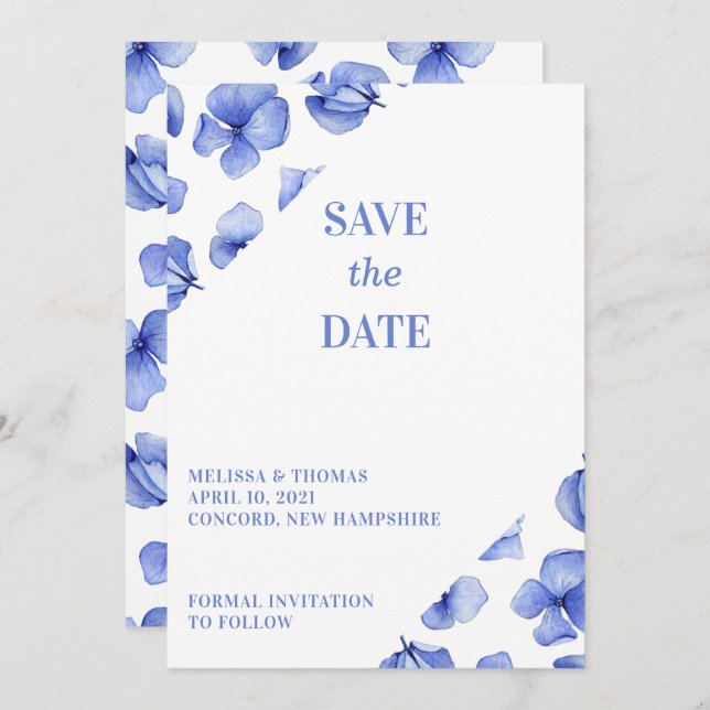 Blue Hydrangea Petals ohne Foto Save The Date (Vorne/Hinten)
