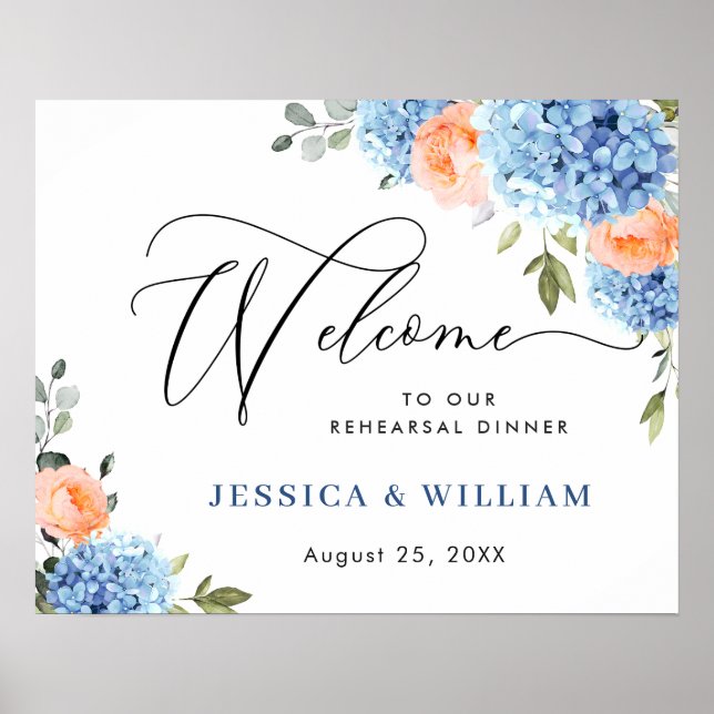 Blue Hydrangea Pink Blush Rose PROBE DINNER Poster (Vorne)
