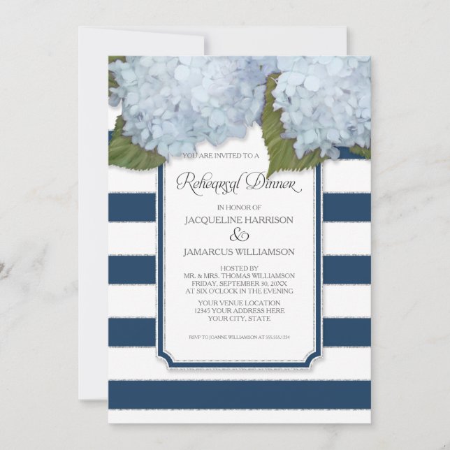 Blue Hydrangea Probe Dinner Navy Strip Moderne Einladung (Vorderseite)