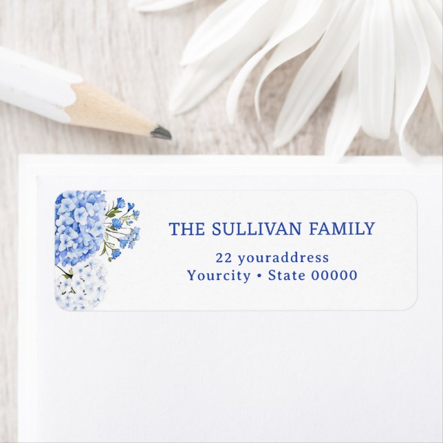 Blue hydrangea return address label (Insitu)