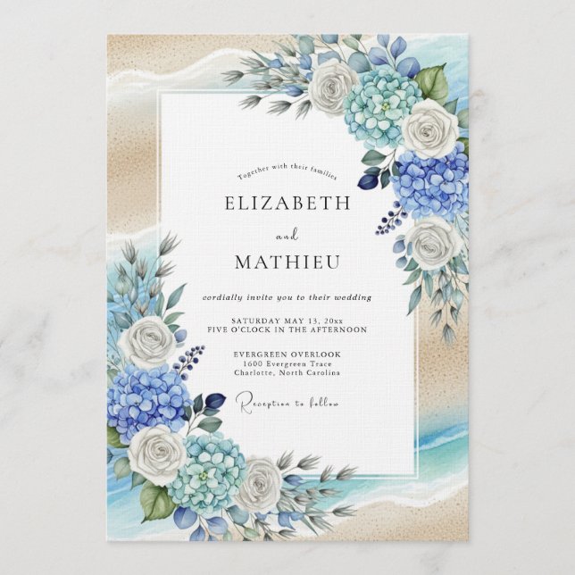 Blue Hydrangea Romantic Flourish Wedding Einladung (Vorderseite)
