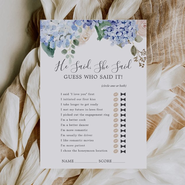 Blue Hydrangea sagte sie sagte Dusche Spielkarte Einladung (Blue Hydrangea He Said She Said Shower Game Card)