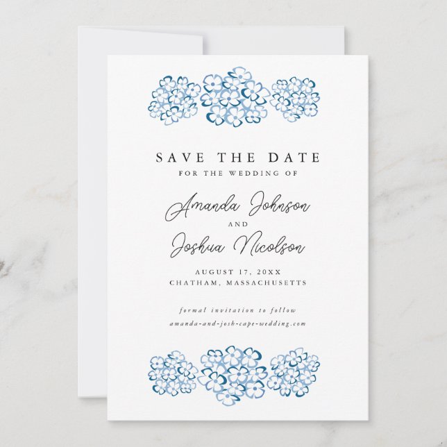 Blue Hydrangea Save the Date (Vorderseite)
