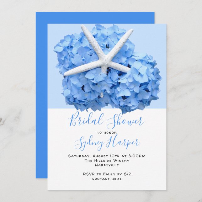 Blue Hydrangea Seaside Garden Brautparty Invita Einladung (Vorne/Hinten)