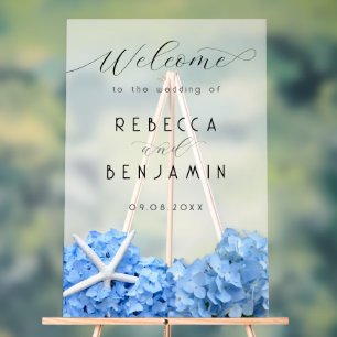 Blue Hydrangea Seaside Wedding Welcome Opaque Acrylschild