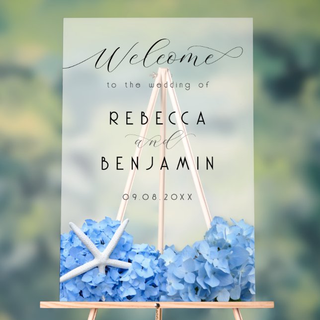 Blue Hydrangea Seaside Wedding Welcome Opaque Acrylschild (Neutral)