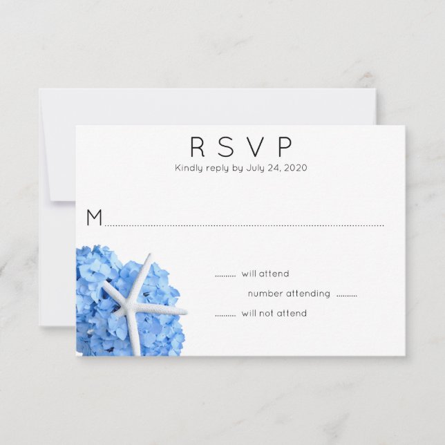 Blue Hydrangea Starfish Wedding RSVP Card (Vorderseite)