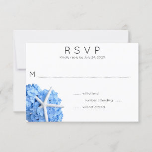 Blue Hydrangea Starfish Wedding RSVP Card Karte