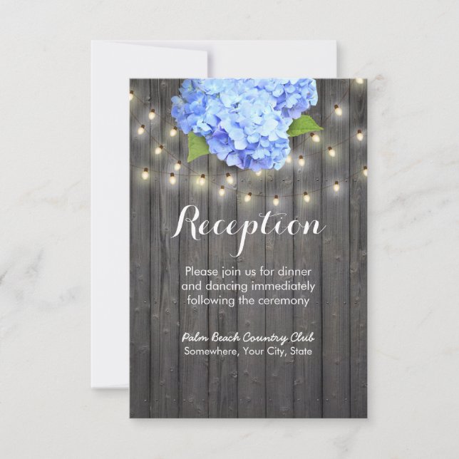 Blue Hydrangea & String Lights Barn Wood Empfang Einladung (Vorderseite)
