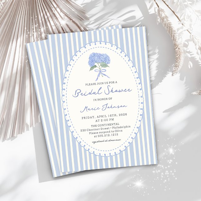 Blue Hydrangea Stripes Bridal Shower Invitation Einladung (Von Creator hochgeladen)
