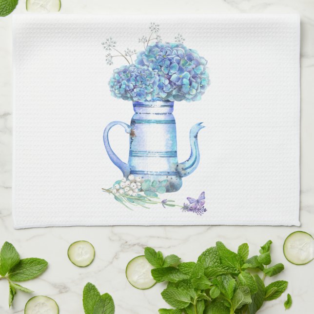 Blue Hydrangea Teapot Bauernhof Pastel Floral Geschirrtuch (Gefaltet)
